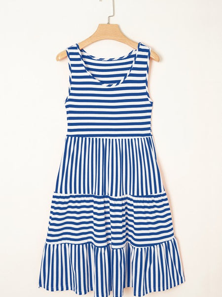 EG fashion striped midi dress summer sleeveless blue and white casual dress on hanger