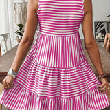EG fashion Striped Midi Dress summer in pink and white stripes with sleeveless design and tiered skirt