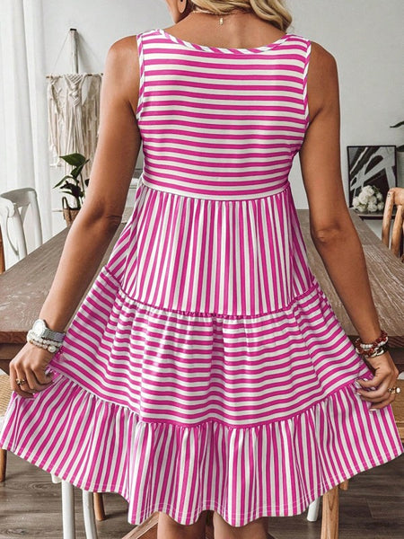 EG fashion Striped Midi Dress summer in pink and white stripes with sleeveless design and tiered skirt