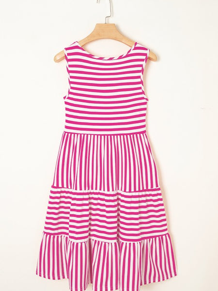 EG fashion striped midi dress summer in pink and white hanging on wooden hanger
