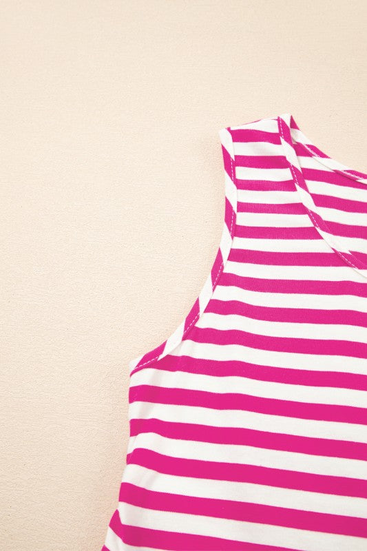 EG fashion striped midi dress summer style with pink and white horizontal stripes sleeveless design