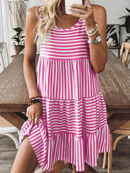 EG fashion striped midi dress summer in pink and white sleeveless casual style