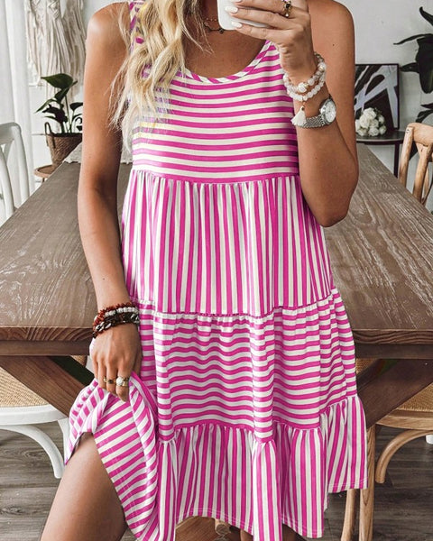 EG fashion striped midi dress summer in pink and white sleeveless casual style