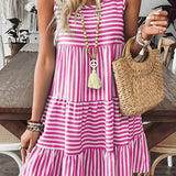 EG fashion Striped Midi Dress summer in pink and white with sleeveless design and tiered skirt