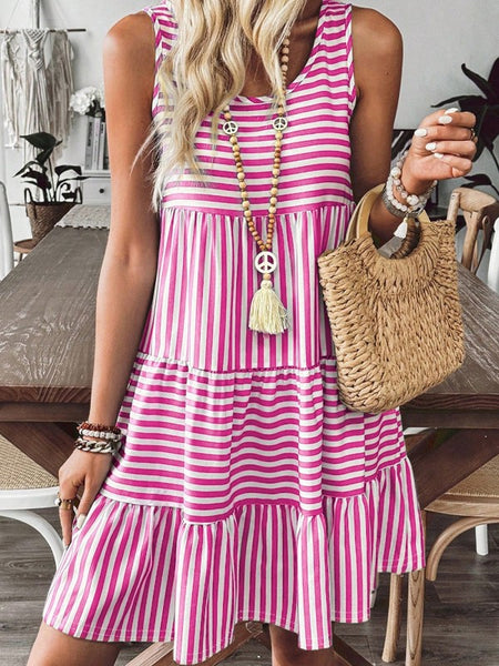 EG fashion Striped Midi Dress summer in pink and white with sleeveless design and tiered skirt
