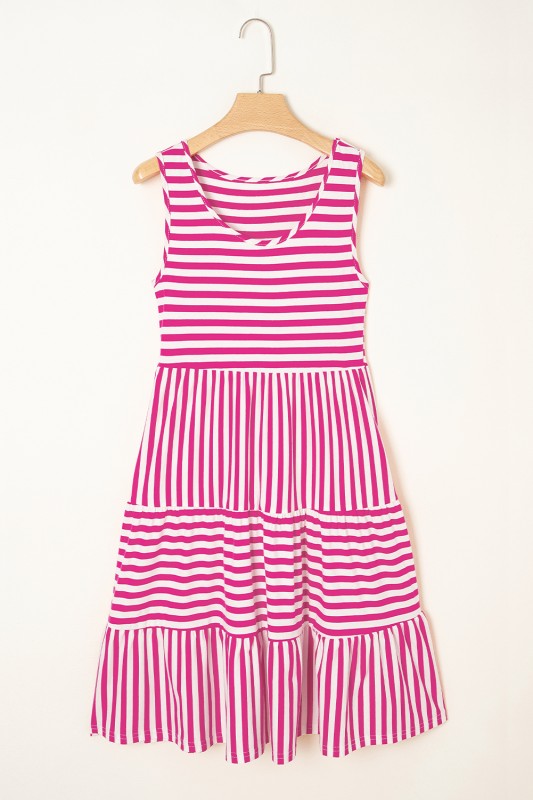 EG fashion striped midi dress summer in pink and white with sleeveless design on wooden hanger