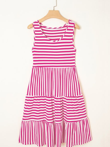 EG fashion striped midi dress summer in pink and white with sleeveless design on wooden hanger