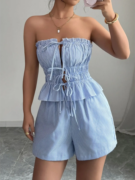 Babe Beachwear striped strapless shorts set for women with blue and white vertical stripes and ruffle detail