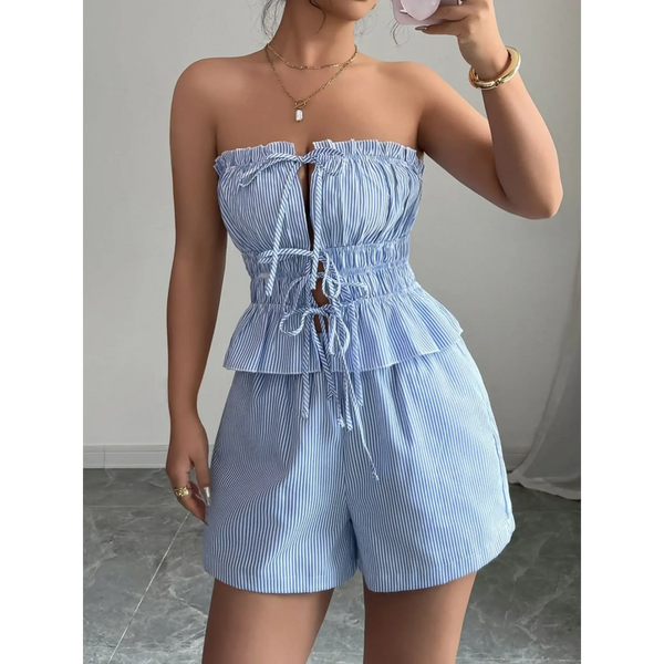 Babe Beachwear striped strapless shorts set for women with blue and white vertical stripes and ruffle detail