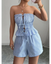 Babe Beachwear striped strapless shorts set for women with blue and white vertical stripes and ruffle detail
