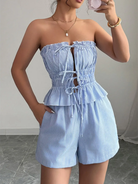 Babe Beachwear striped strapless shorts set for women in light blue and white with front tie details