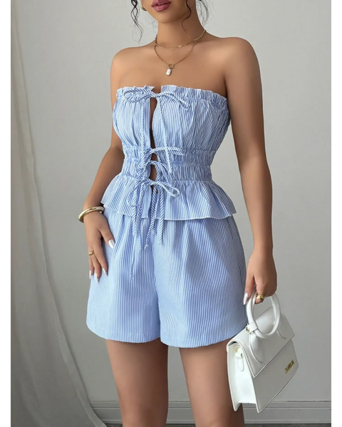 Babe Beachwear striped strapless shorts set for women in blue and white with ruffle details and front ties