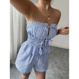 Striped strapless shorts set for women by Babe Beachwear in blue and white with ruched detailing