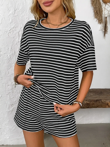 Trendsi black and white striped summer lounge set shorts set with short sleeves and relaxed fit