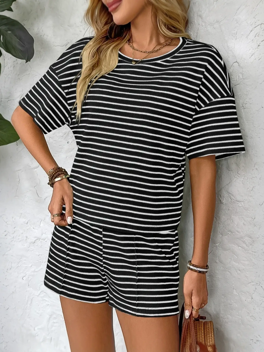 Trendsi black and white striped summer lounge set with short sleeves and matching shorts