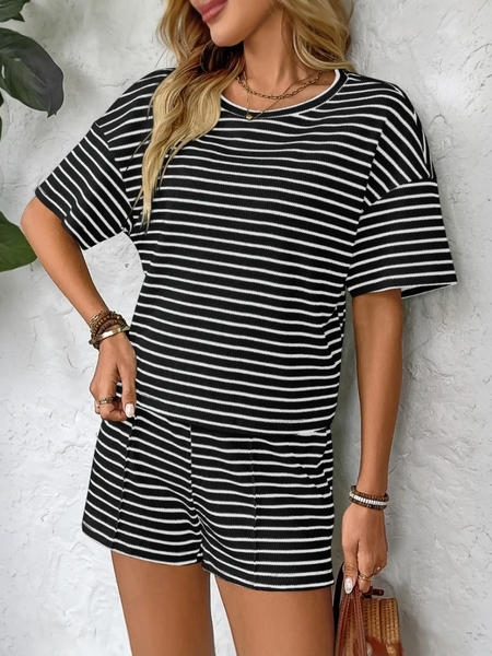 Trendsi black and white striped summer lounge set with short sleeves and matching shorts