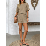 Trendsi striped summer lounge set featuring beige and white horizontal striped relaxed fit shorts and matching top
