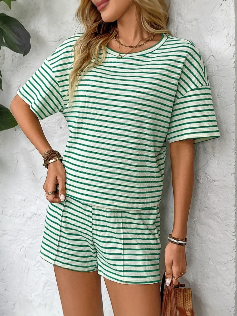 Trendsi striped summer lounge set with green and white stripes, short sleeves, and matching shorts