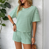 Trendsi striped summer lounge set with green and white stripes, short sleeves, and matching shorts