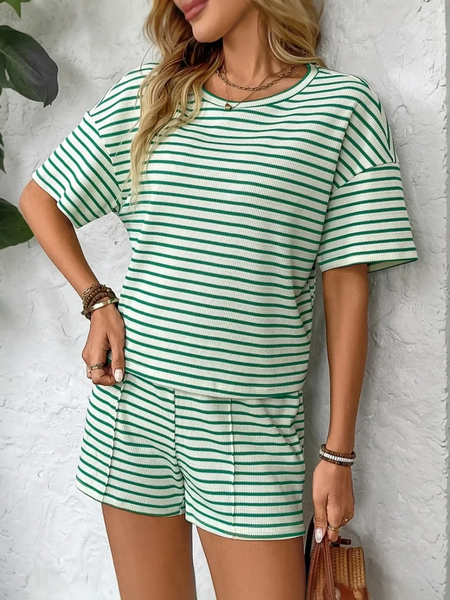 Trendsi striped summer lounge set with green and white stripes, short sleeves, and matching shorts