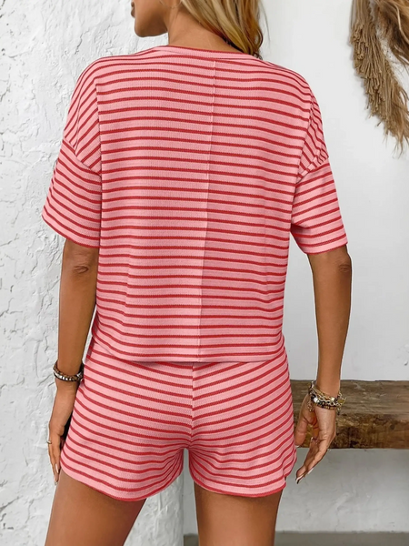 Trendsi striped summer lounge set featuring pink and red horizontal stripes with a relaxed fit shorts set