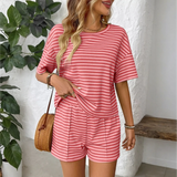 Trendsi striped summer lounge set with pink and red horizontal stripes, short sleeves, and matching shorts