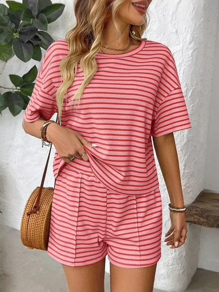 Trendsi striped summer lounge set with pink and red horizontal stripes, short sleeves, and matching shorts