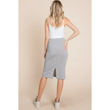 Back view of stylish gray knit midi pencil skirt dress by Babe Beachwear worn with white tank top and sneakers