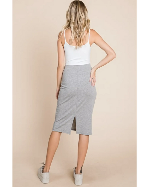 Back view of stylish gray knit midi pencil skirt dress by Babe Beachwear worn with white tank top and sneakers