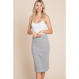 Babe Beachwear stylish gray knit midi pencil skirt dress worn by a smiling woman with a white tank top