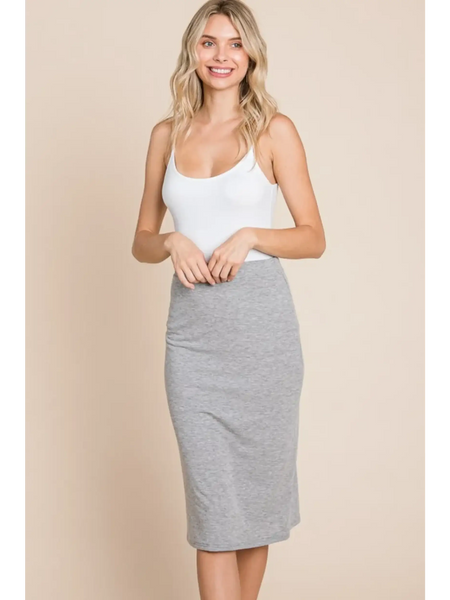 Babe Beachwear stylish gray knit midi pencil skirt dress worn by a smiling woman with a white tank top