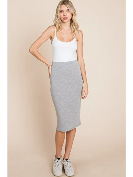 Stylish gray knit midi pencil skirt dress by Babe Beachwear worn with white tank top and sneakers