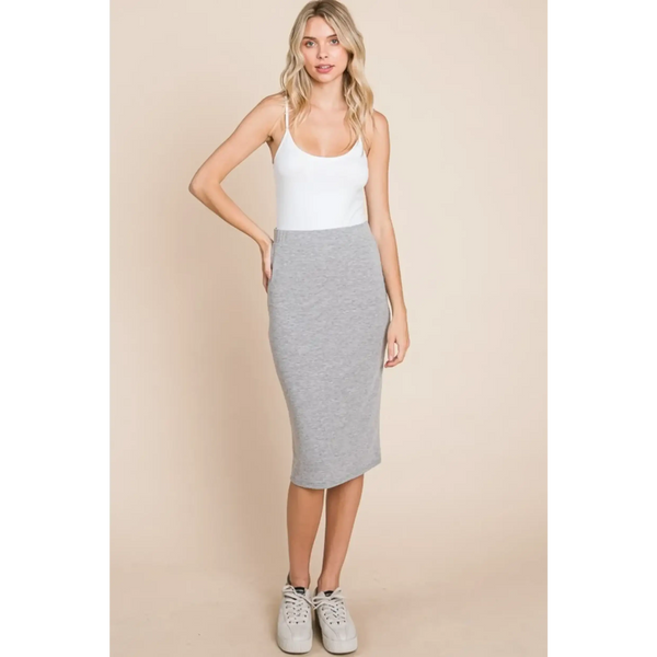 Stylish gray knit midi pencil skirt dress by Babe Beachwear worn with white tank top and sneakers