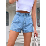 Trendsi stylish lightweight denim shorts worn with white crop top outdoors