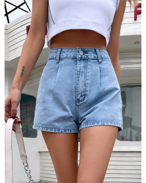 Trendsi stylish lightweight denim shorts worn with a white crop top outdoors