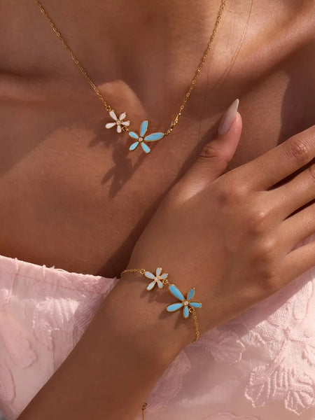 Trendsi summer beach necklace and bracelet set with blue and white flower charms on gold chains