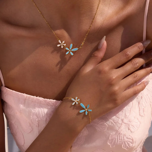 Trendsi summer beach necklace and bracelet set with blue and white flower charms on gold chains