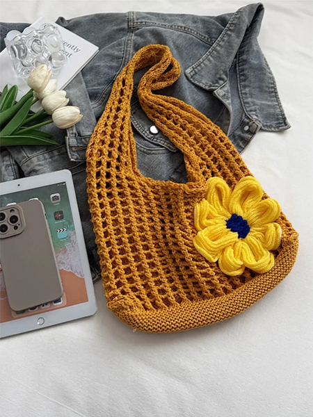 Babe Beachwear summer crochet tote 2025 in mustard yellow with large flower decoration