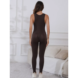 Trendsi summer fitness jumpsuit ladies in black sleeveless active jumpsuit model back view