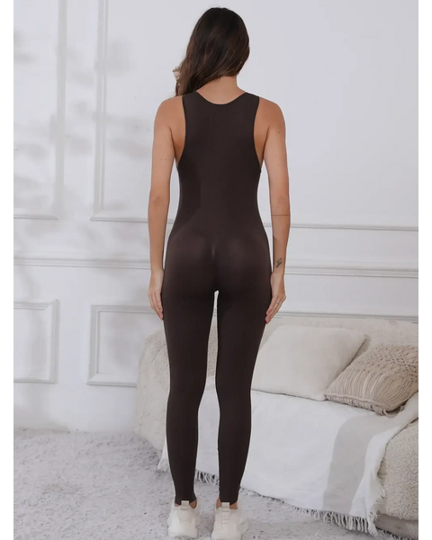 Trendsi summer fitness jumpsuit ladies in black sleeveless active jumpsuit model back view