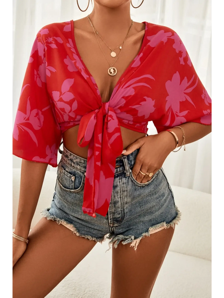 Babe Beachwear summer floral tie front blouse in red with purple flowers paired with denim shorts