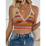 Babe Beachwear summer halter boho crochet crop top in orange and white with geometric patterns