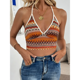 Summer Halter boho crochet crop top by Babe Beachwaer in orange and brown worn with denim jeans