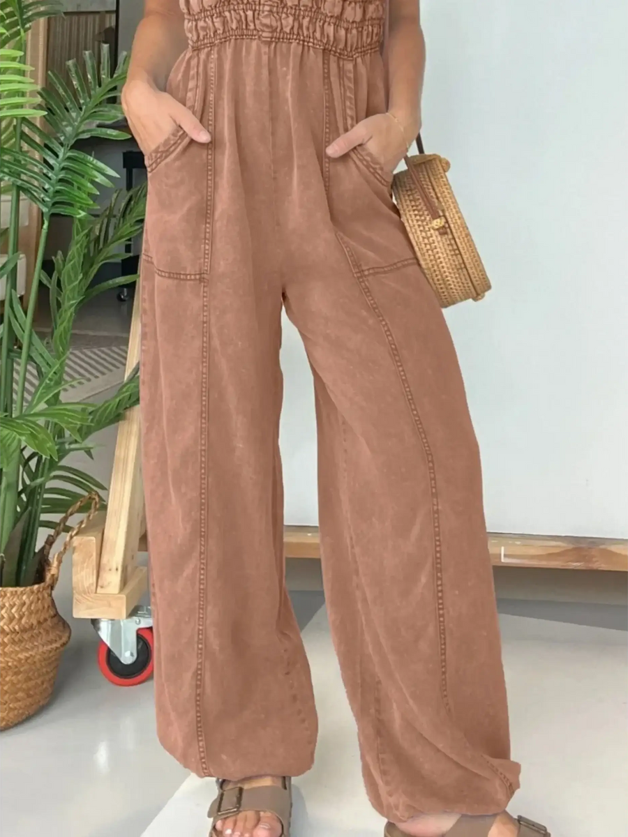 Babe Beachwear brown wide leg spaghetti strap summer jumpsuit with pockets and smocked top
