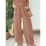 Babe Beachwear brown wide leg spaghetti strap summer jumpsuit with pockets and smocked top