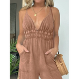 Babe Beachwear brown spaghetti strap summer jumpsuit with deep V neckline and pockets