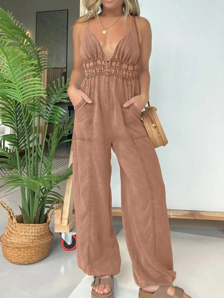 Babe Beachwear spaghetti strap summer jumpsuit in brown with wide legs and pockets