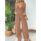 Babe Beachwear spaghetti strap summer jumpsuit in brown with wide legs and pockets