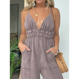 Babe Beachwear spaghetti strap summer jumpsuit in faded mauve with deep V neckline and pockets