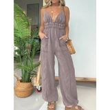 Babe Beachwear spaghetti strap summer jumpsuit in mauve with a deep V-neck and wide-leg pants